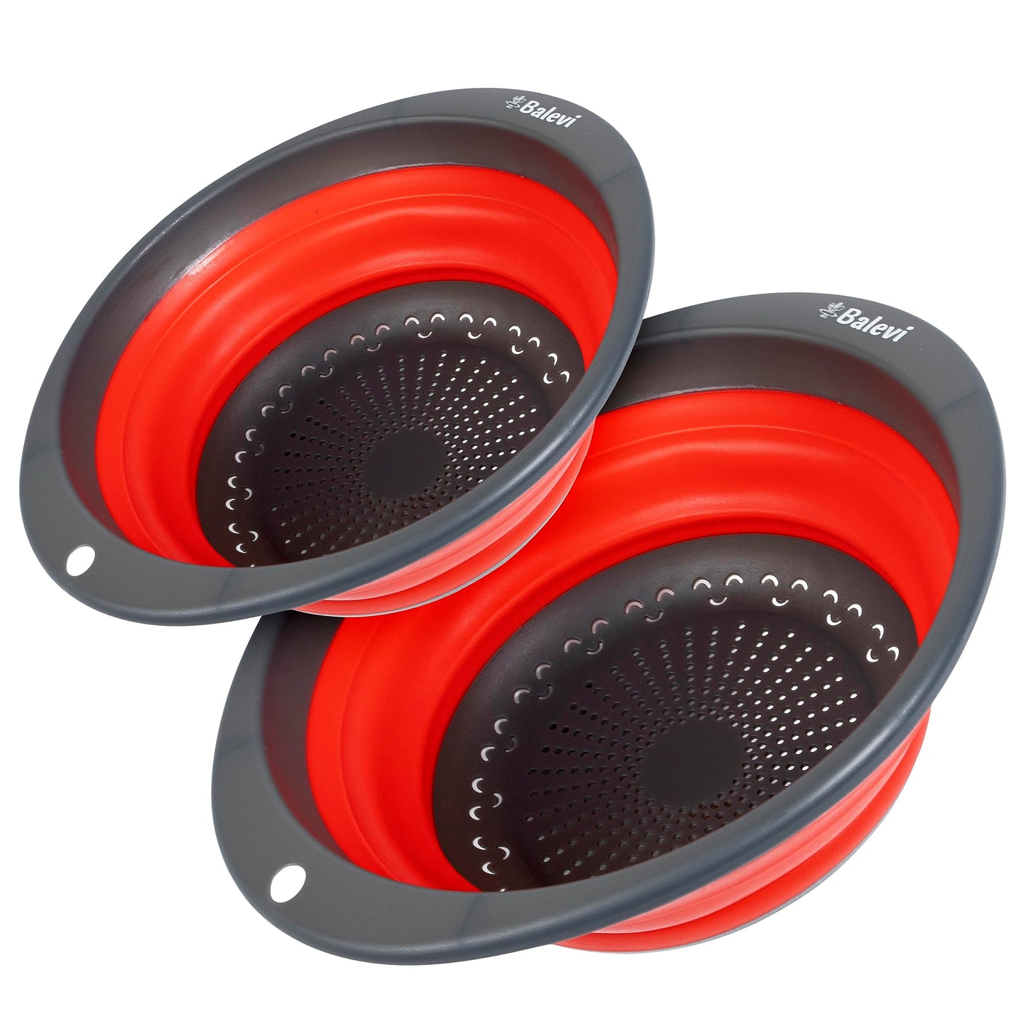 "Balevi Collapsible Strainers for Kitchen - Collapsible Colander Set of 2 Made of Silicone - Collapsible Strainer with Little Pegs to Keep Food Elevated - Red "