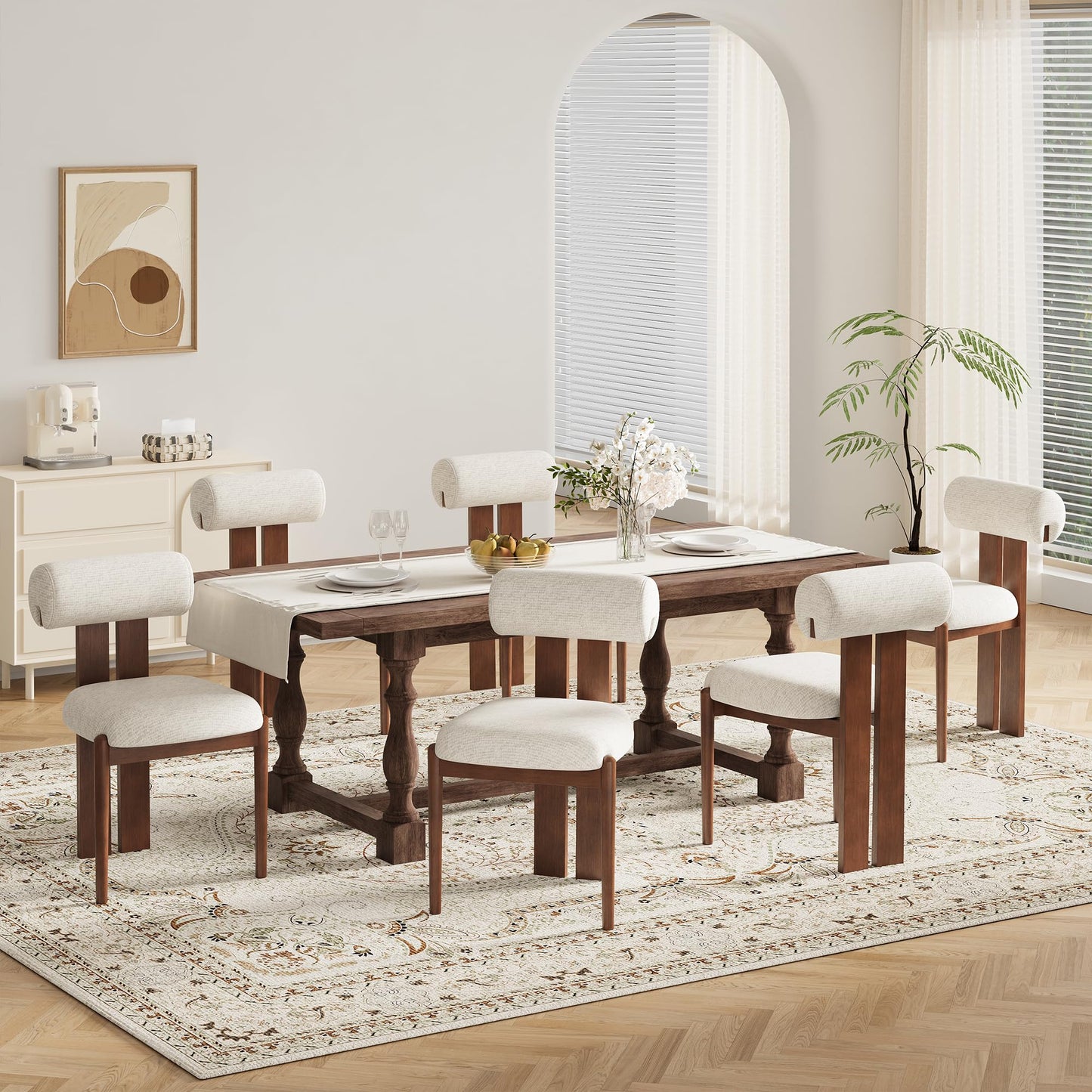 MALOL Modern Wooden Dining Chairs Set of 6, Upholstered Fabric Kitchen Chairs with Sculptural Backrest, Mid-Century Farmhouse Dining Room Chairs with Solid Wood Legs, Beige