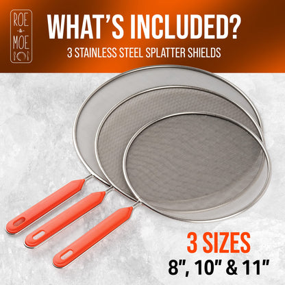 Roe & Moe Splatter Screens - Stainless Steel Splatter Screens for Frying Pan with Insulated Handles - Grease Splatter Guards For Frying Pan that Lets You Create Masterpieces with Ease (Pack of 3)