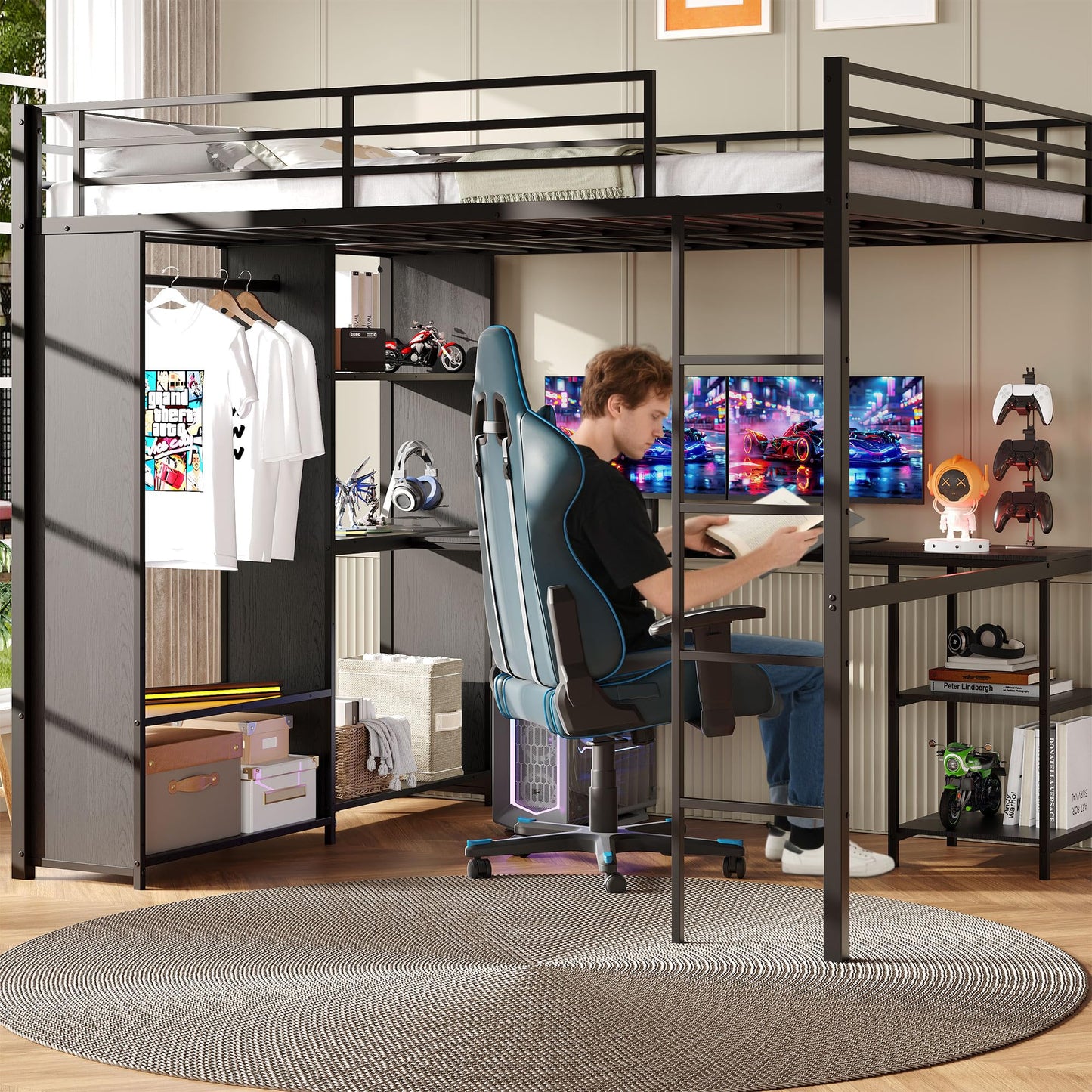 GarveeHome Queen Loft Bed with L-Shaped Desk and Storage Shelves, Queen Size Loft Bed Frame with Wardrobe, Hanging Rod, Guardrail and Ladder, Adults-Loft Beds Nosie-Free