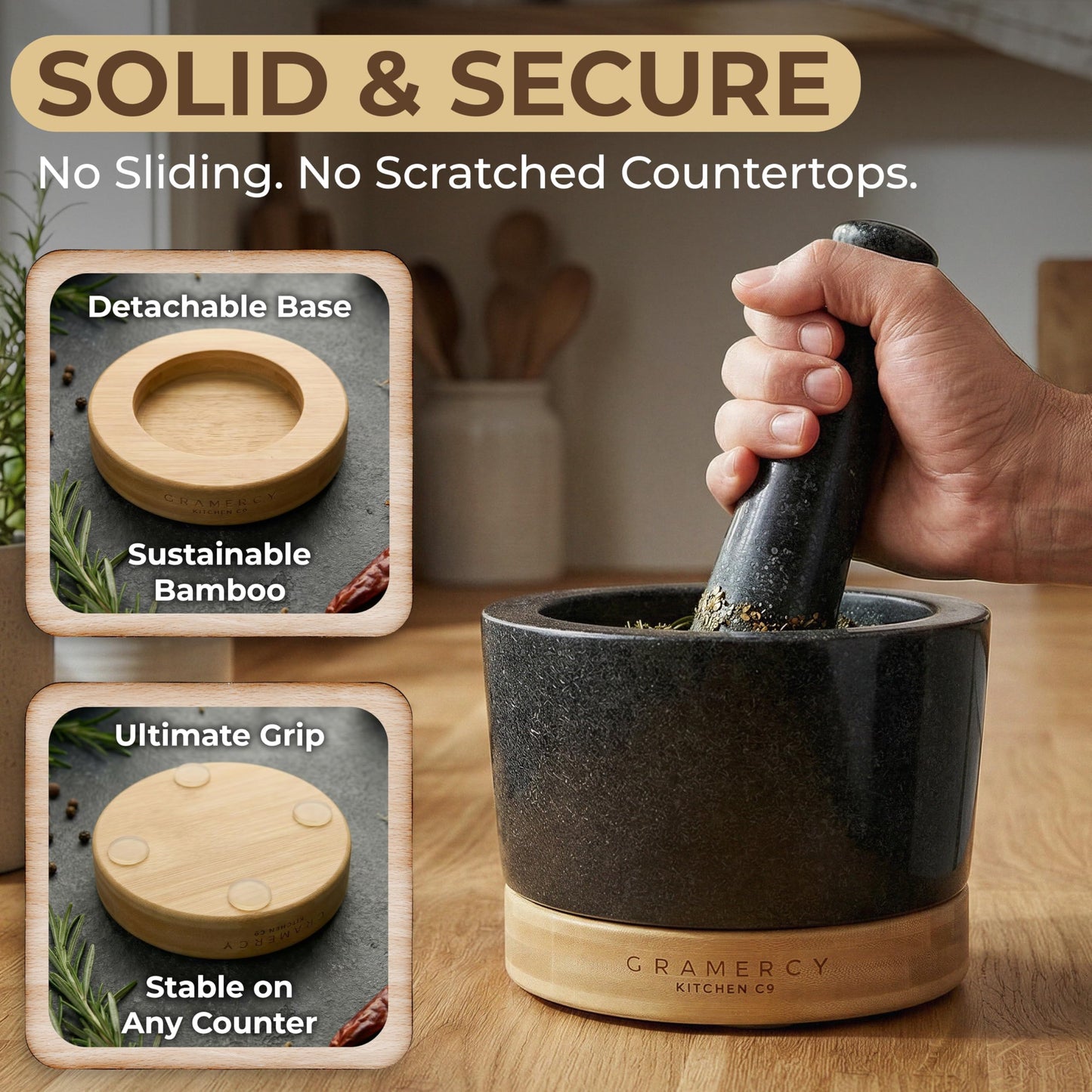 Gramercy Mortar and Pestle Set – Heavy Duty Granite Stone Grinder with Stable Bamboo Base, Extra Long Pestle & Cleaning Brush - Ideal Guacamole Bowl, Herb Grinder & Molcajete Bowl, 1.5-Cup