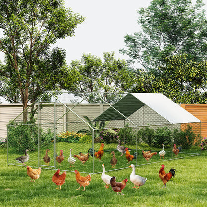 Large Metal Chicken Coop Walk-in Poultry Cage, Chicken Run with Waterproof Anti-UV Cover, Heavy Duty Galvanized Steel Hen House for Outdoor Yard Farm Duck Rabbit (9.8' L x 19.7' W x 6.6' H)