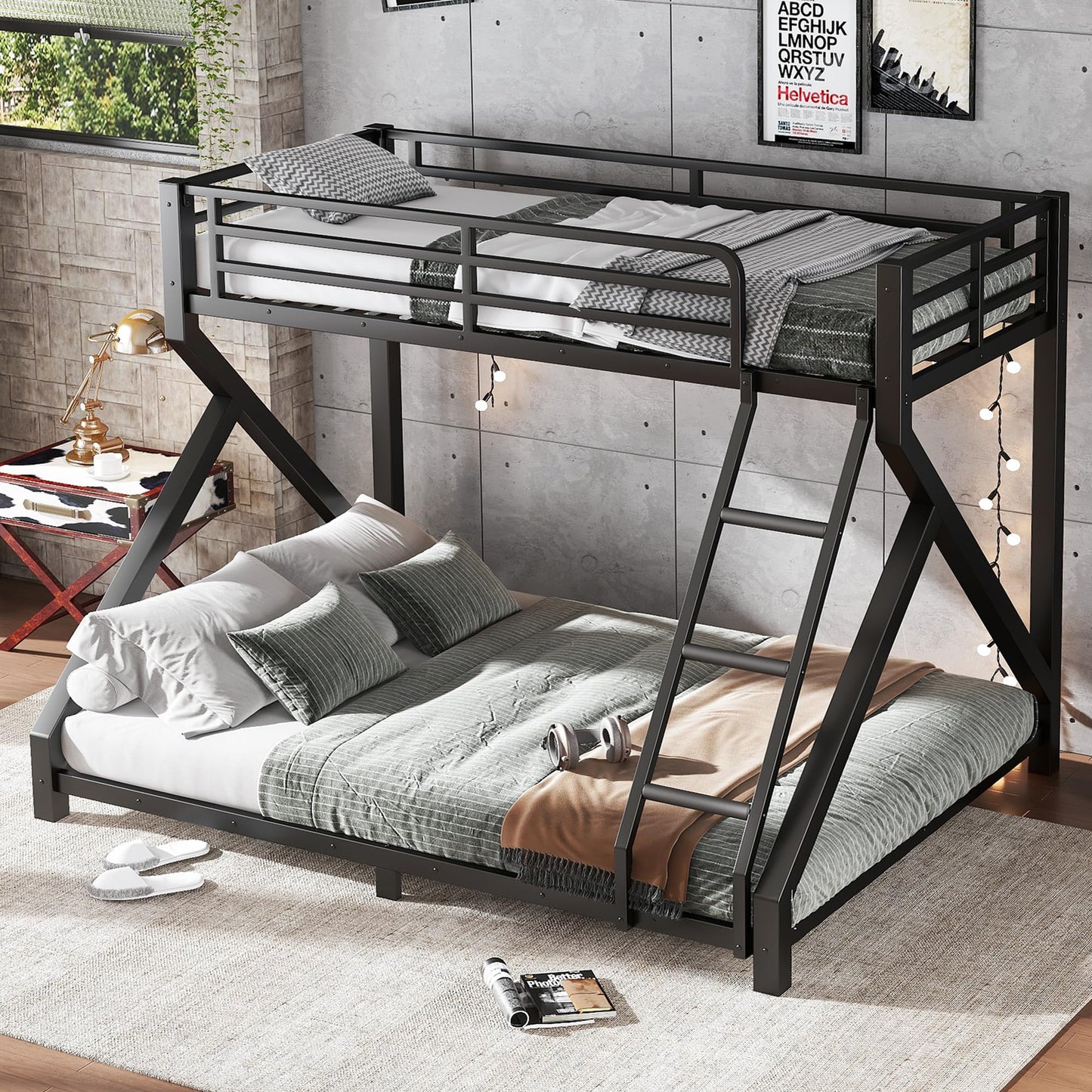 Bellemave Twin XL Over Queen Metal Bunk Bed,Low Profile Floor Bunk Bed Frame with Angled Ladder, Heavy Duty & Noise-Free Design for Kids, Teens & Adults, Black