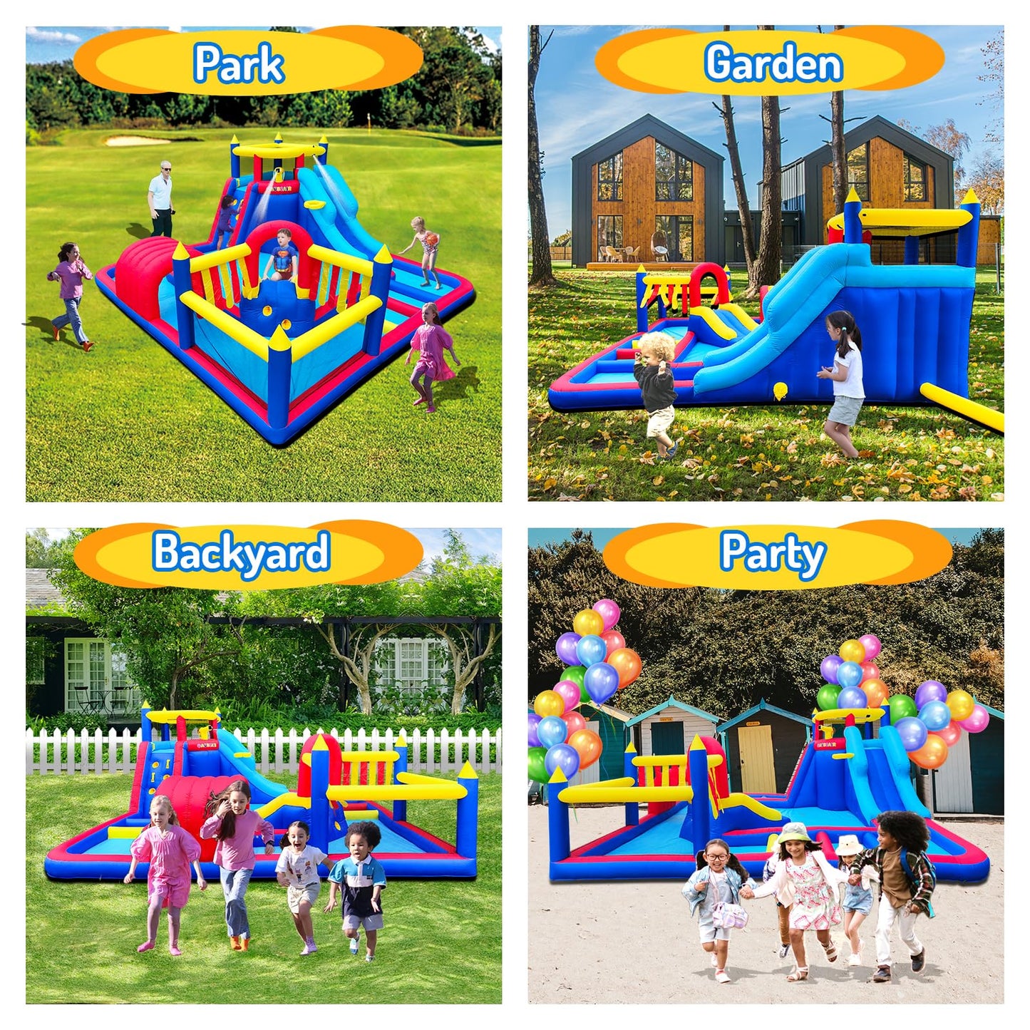 Inflatable Water Slide Park for Party Fun,15x15FT,Big Splash Pool,Long&Short Slides,Fun Crawl Tunnel,Basketball Hoop,GFCI Blower,Bounce Castle for Kids