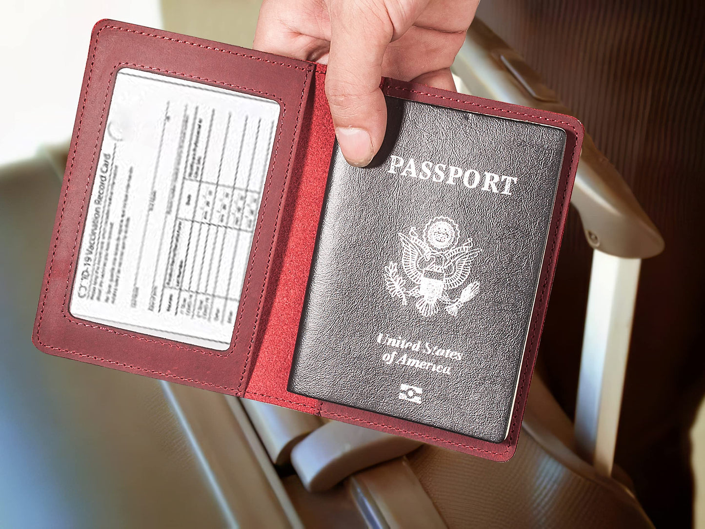 RFID-Blocking Genuine Leather Passport Holder - Travel Document Organizer Wallet for Men & Women, Durable Slim Travel Accessories with Card Slots (Wine Red)