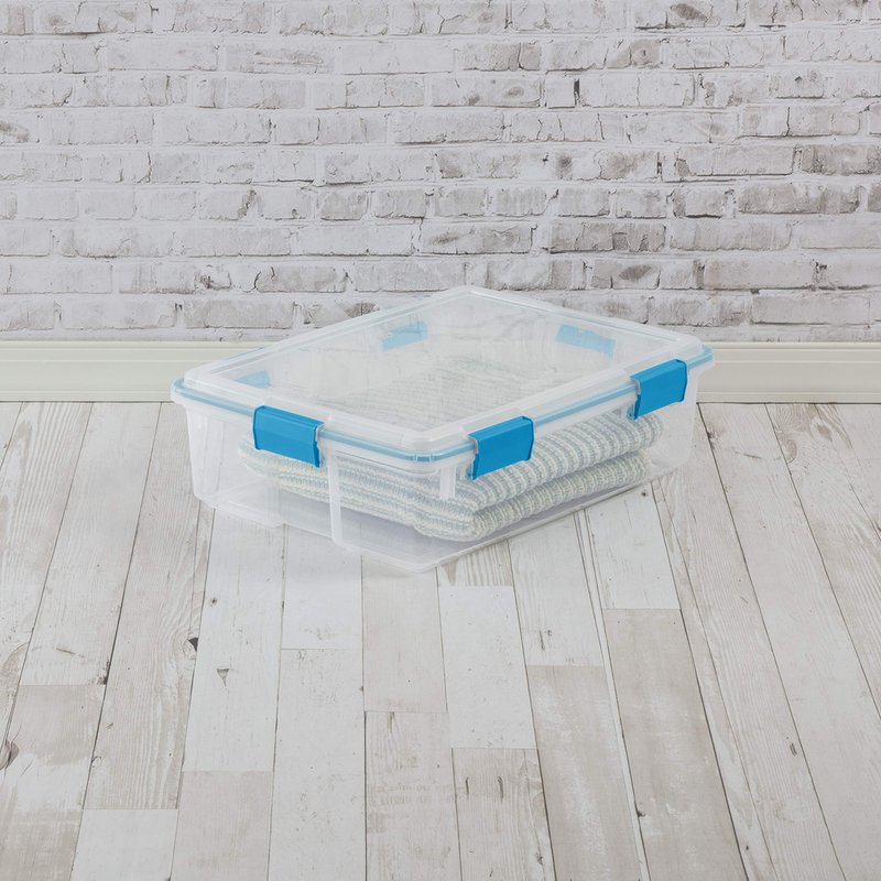 Sterilite 37 Qt Gasket Box, Stackable Storage Bin with Latching Lid and Tight Seal, Plastic Container to Organize Underbed, Clear Base and Lid, 4-Pack