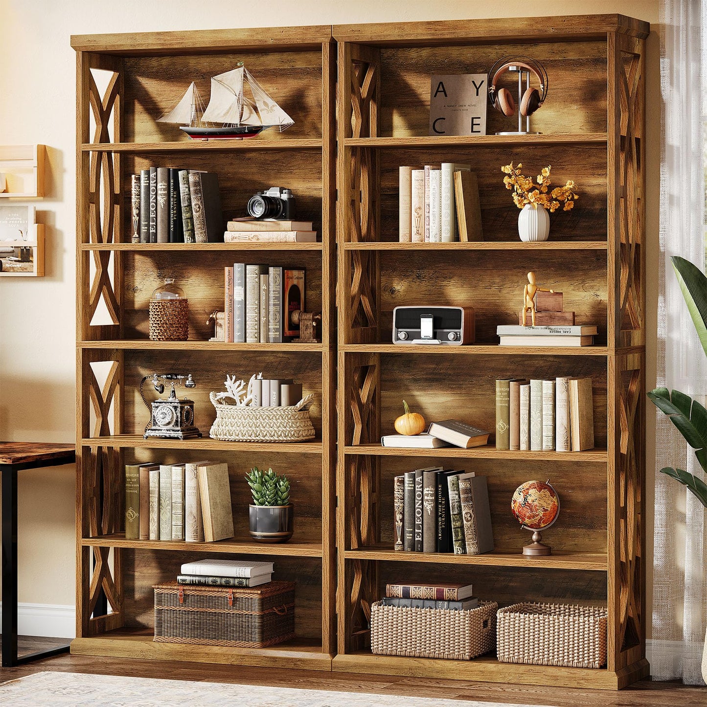 Tribesigns 6-Tier Bookshelf, 71 Inches Tall Freestanding Bookcase, Large Industrial Bookshelves Display Shelves, Wooden Book Shelf for Home Office, Living Room, Bed Room, Rustic Brown, 2pcs