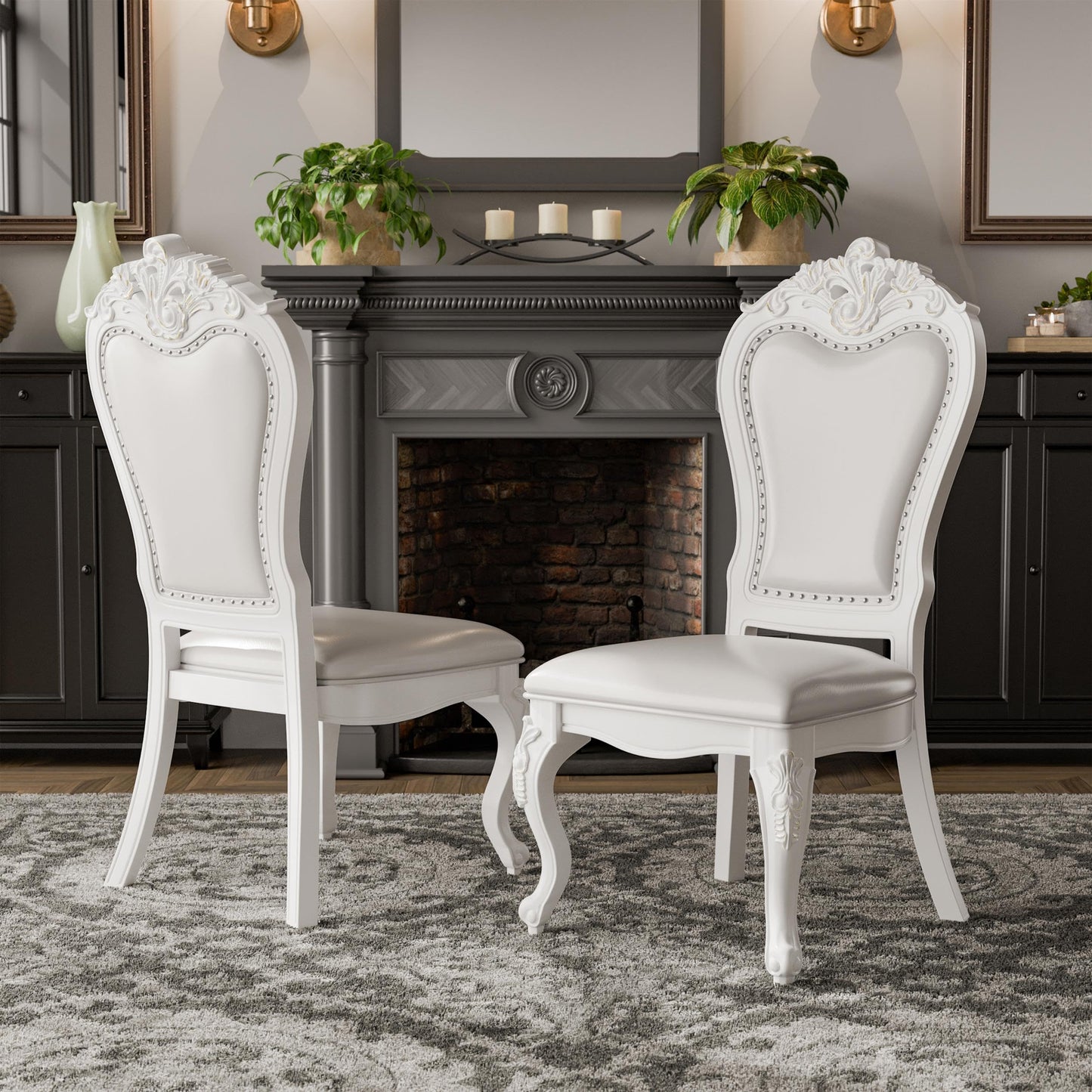 Furniture of America Adair Traditional Solid Wood Side Chairs Set of 2, Leatherette Upholstered Seating with Nailhead Trim and Cabriole Legs for Kitchen, Dining Room, White