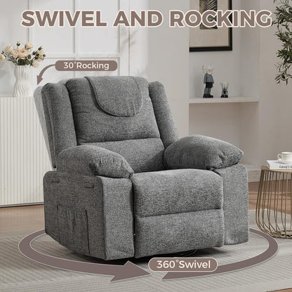 Adults Oversized Rocking Nursery Glider Recliner Chair,360° Swivel Rock Recliner Chairs Single Sofa with Vibration Massage and Heating for Living Room/Bedroom,Grey