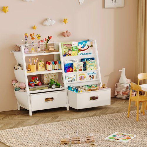 Homeiju Kids Bookshelf and Toy Storage Organizer, 3 Tier Kids Bookcase, Sling Bookshelf and 2 Toy Bins with Toy Storage Organizer for Children Room, Playroom, Nursery, White