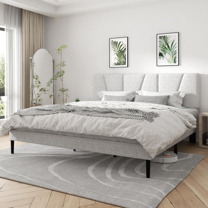 CXVX King Size Platform Bed Frame with Geometric Upholstered Headboard, Noise Free, Wooden Slats Support, No Box Spring Needed, Easy Assembly, Light Grey, Linen