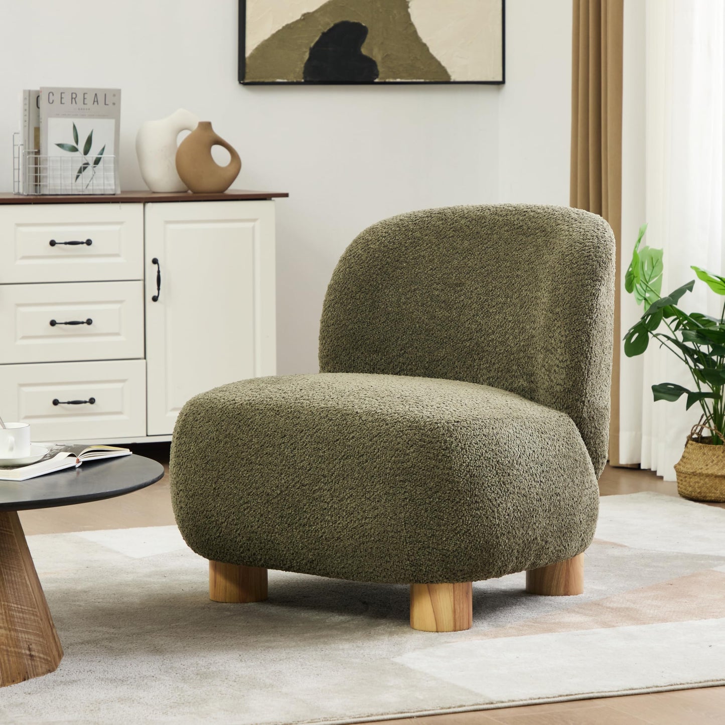 Christopher Knight Home Modern Low Profile Accent Chair for Living Room, Boucle Upholstered Armless Chair with Rubberwood Legs, Comfy Lounge Armchair, Plush Cloud-Like Seating for Bedroom, Olive Green