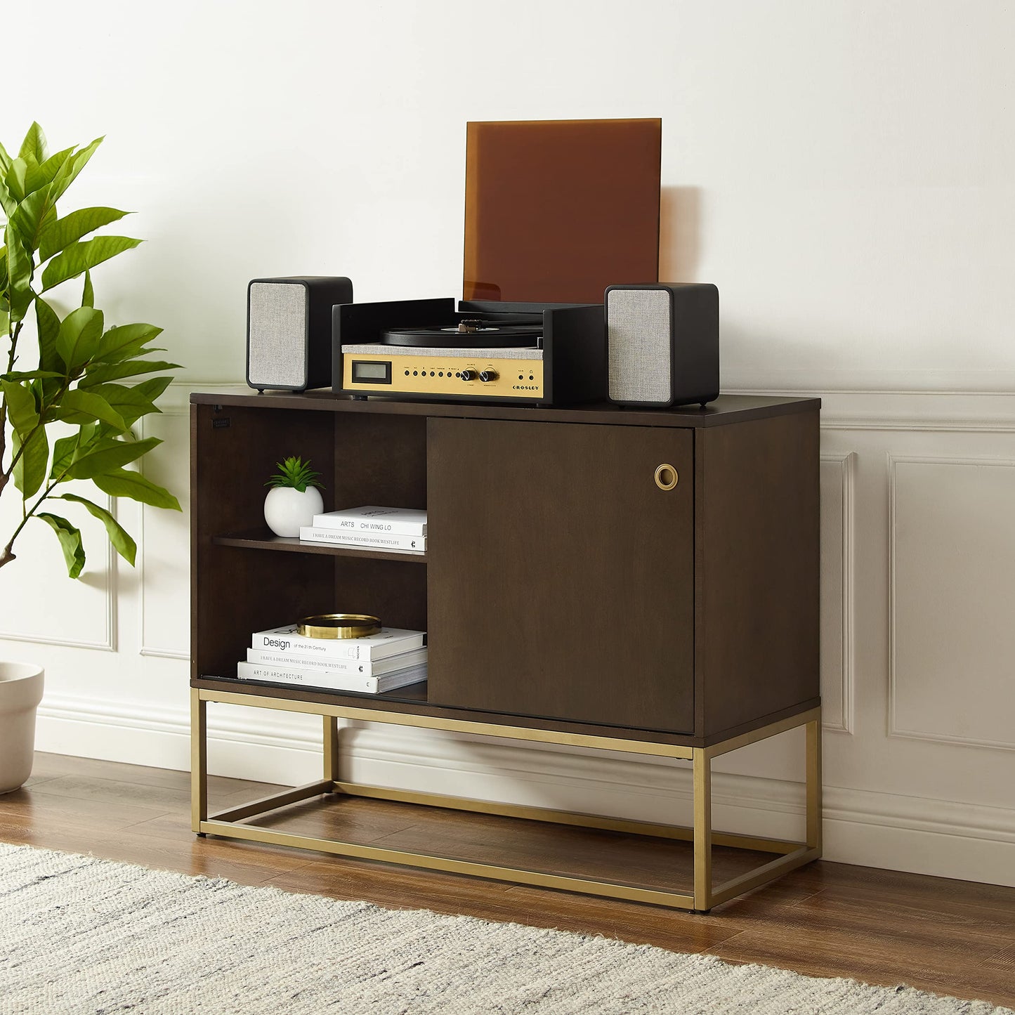 Crosley Furniture Byron Media Console and Record Player Stand with Storage for Vinyl Records, Dark Brown/Gold
