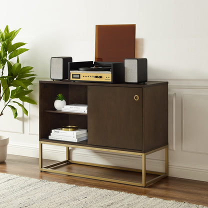 Crosley Furniture Byron Media Console and Record Player Stand with Storage for Vinyl Records, Dark Brown/Gold