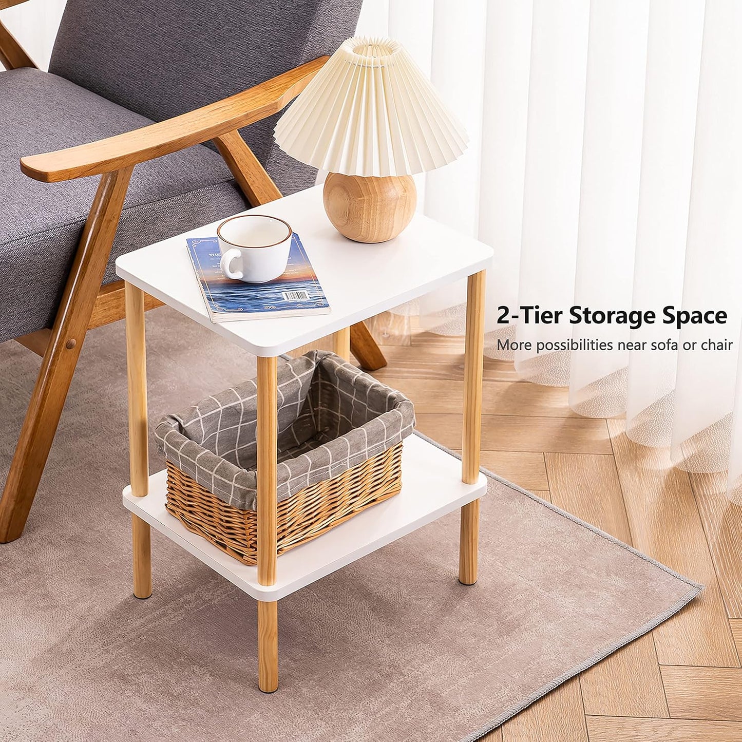 2 Apicizon Tier End Table, Small Side Table with Solid Wood Legs, Boho Bedside Table with Storage Shelf, Nightstand