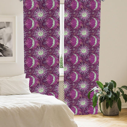 Lunarable 2-Panel Sun and Moon Window Curtains, Celestial Fantasy with Constellations on Purple, 28" x 63", Multicolor