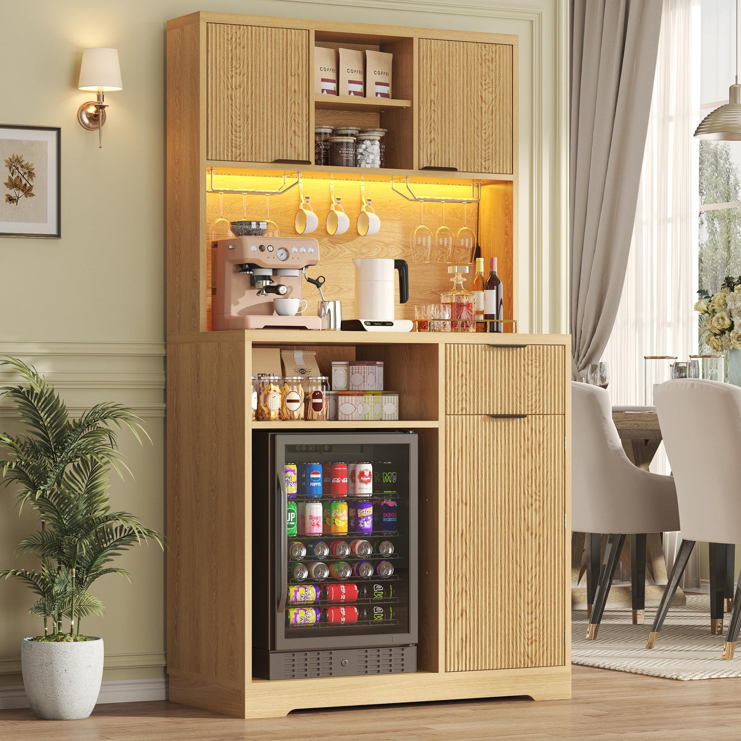 kepptory 72" Mini Fridge Cabinet with Storage, Coffee Bar Cabinet with Mini Fridge, Tall Coffee Bar Station with RGB LED Light, Wine Glass Holder, for Home Kitchen Living Room, Retro