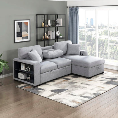 Lexicon 92.5" W L Shape Sectional Couch with Right Storage Chaise and Pull Out Sofa Bed, Sectional Sleeper Sofa with Memory Foam Seat Cushion, Charging Port, Storage Shelf for Living Room, Gray