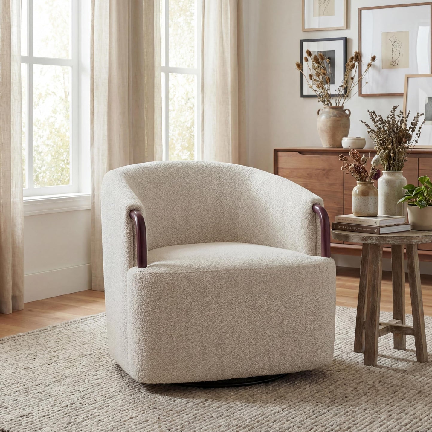 Christopher Knight Home Shiza Modern Swivel Chair with Solid Wood Base, Comfy Swivel Accent Chair with Curved Design, Soft Boucle Upholstered Lounge Sofa Chair for Living Room/Bedroom, Beige