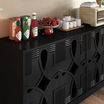 KEIKI 60.5'' Buffet Cabinet with Storage, Farmhouse Fluted Sideboard with Geometric Pattern & Adjustable Shelves, Mid Century Modern TV Stand for Living Room Kitchen Dining Room Entryway, Black