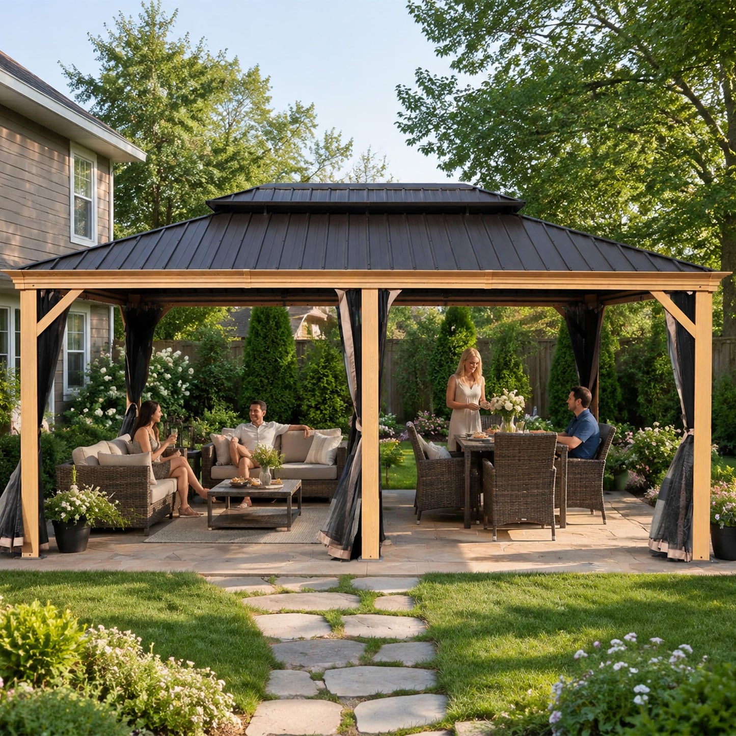 Kozyard Apollo 12’x18’ Hardtop Gazebo, Wooden Coated Aluminum Frame Canopy with Galvanized Steel Double Roof, Outdoor Permanent Metal Pavilion with Netting for Patio, Lawn