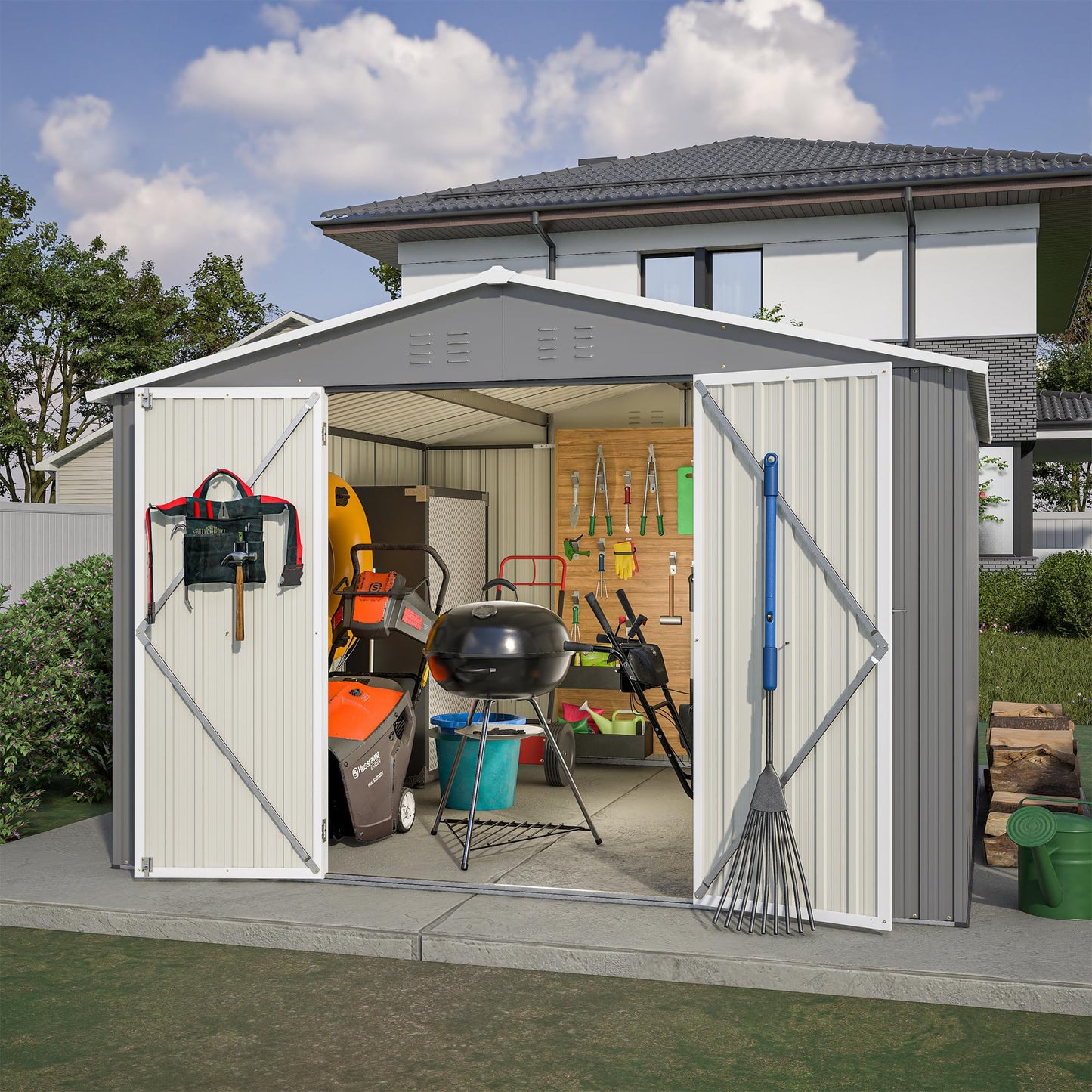 YOPTO 10X10 FT Outdoor Storage Shed,Metal Shed W/Lockable Doors,Air Vents & Sloped Roof,Garden Tool House W/Updated Frame Structure,for Backyard Patio Lawn,Gray