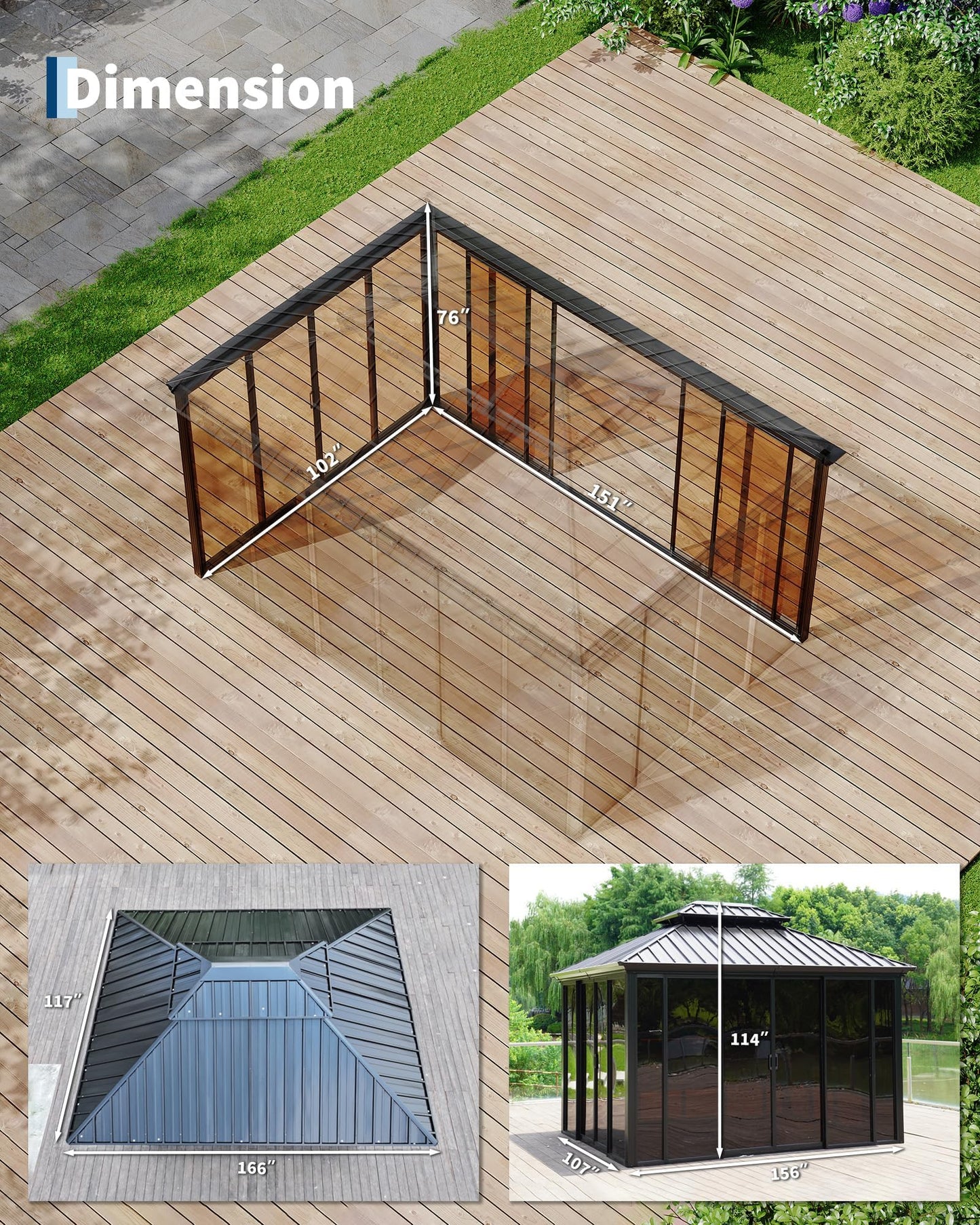GarveeLife 10x14 ft Sunroom Hardtop Gazebo, Enclosed Gazebo with Floor-to-Ceiling Sliding Doors, All-Aluminum Alloy Frame, Screen Outdoor Room Solarium for Backyard, Patio, and Deck