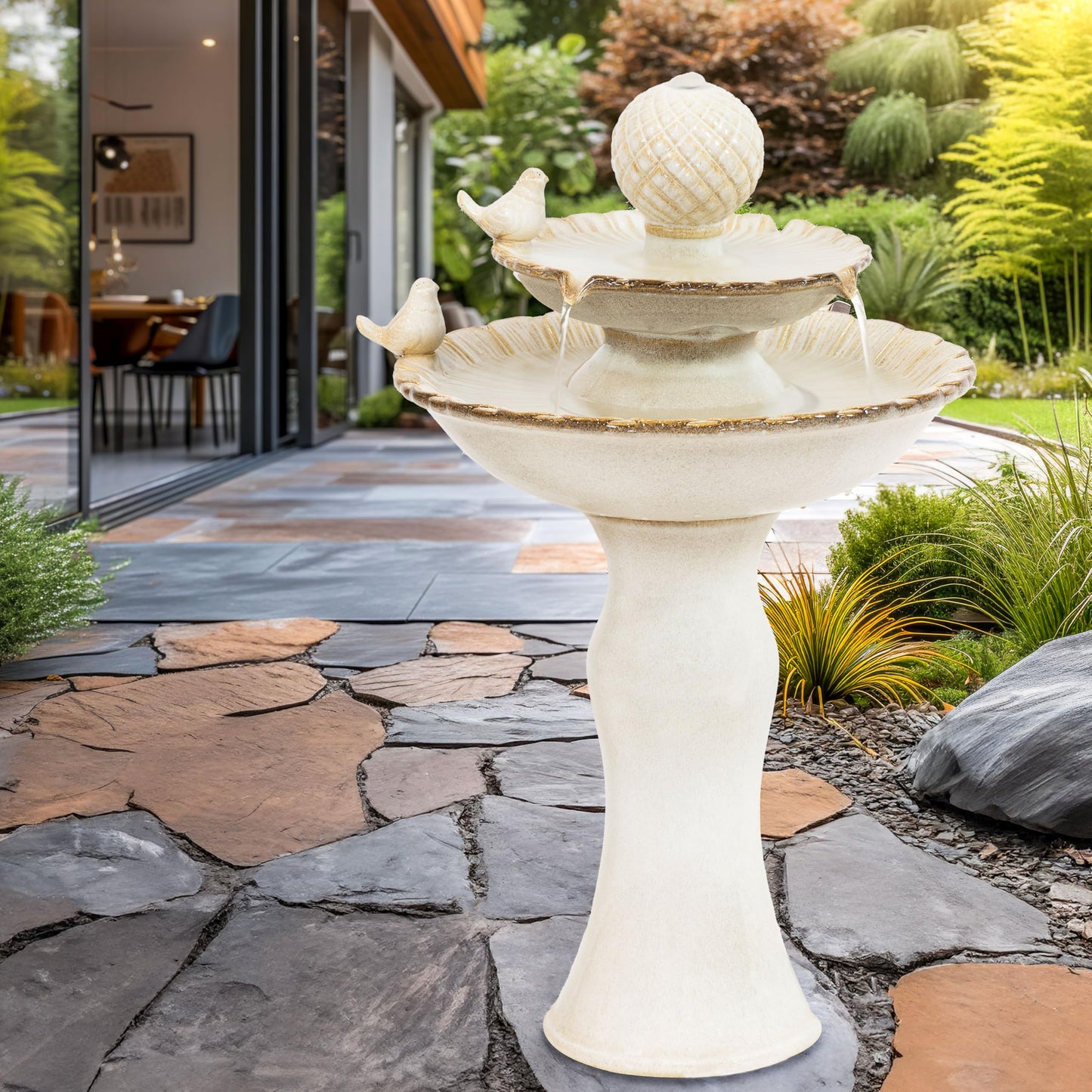 Sunnydaze 27" H 2-Tier Ceramic Water Fountain - Outdoor Water Feature for Patio, Yard, Balcony - Garden Fountain - White
