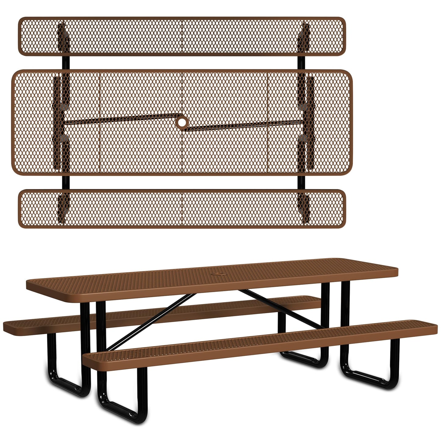 Leisure Craft Metal Picnic Table with Bench - 8 ft Rectangle Outdoor Dining Table for 8, Umbrella Hole, Weatherproof Heavy Duty Thermoplastic Coating, Commercial Grade Furniture Made in USA - Brown