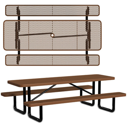 Leisure Craft Metal Picnic Table with Bench - 8 ft Rectangle Outdoor Dining Table for 8, Umbrella Hole, Weatherproof Heavy Duty Thermoplastic Coating, Commercial Grade Furniture Made in USA - Brown