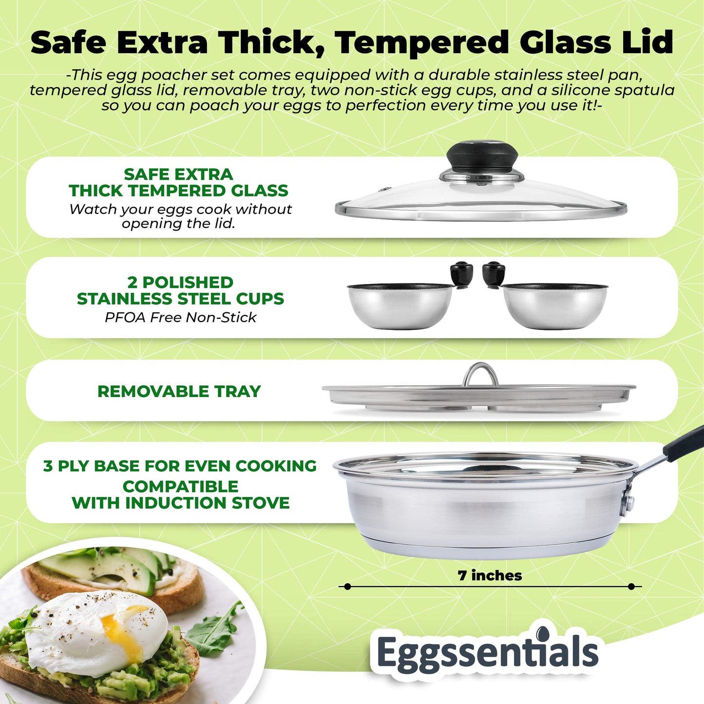 Eggssentials Egg Poacher Pan Nonstick Coating - Poached Egg Cooker, Stainless Steel Egg Poaching Pan PFOA Free with Spatula, Poached Egg Maker, Egg Poachers Cookware
