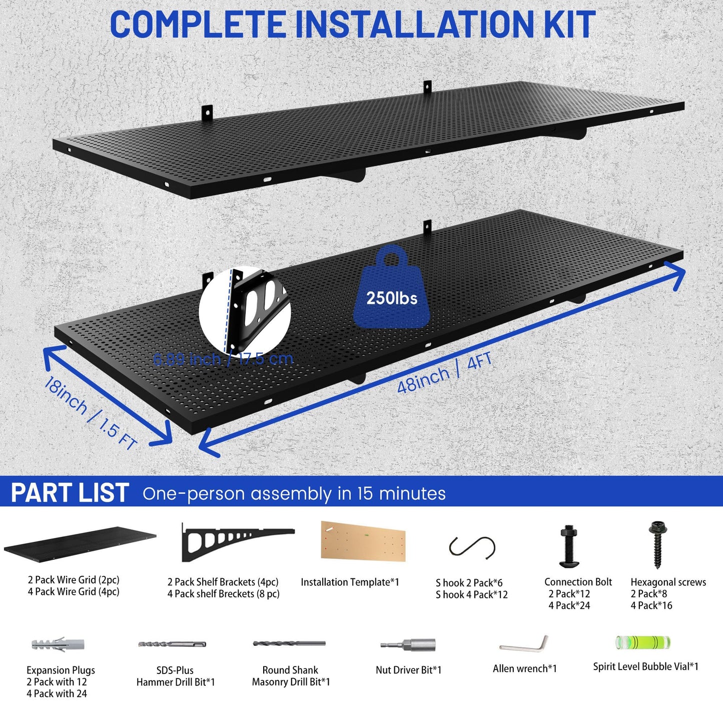 ZONEGRACE 4-Pack 1.5x4ft Garage Wall Mount Shelves, 1000 Lbs Heavy Duty Wall Shelving, Metal Organizer Rack For Garage Wall Storage Systems With Complete Install Kit & Hooks, Black