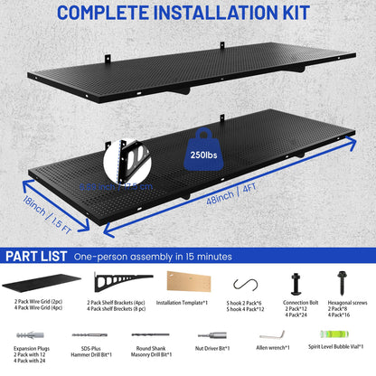 ZONEGRACE 4-Pack 1.5x4ft Garage Wall Mount Shelves, 1000 Lbs Heavy Duty Wall Shelving, Metal Organizer Rack For Garage Wall Storage Systems With Complete Install Kit & Hooks, Black