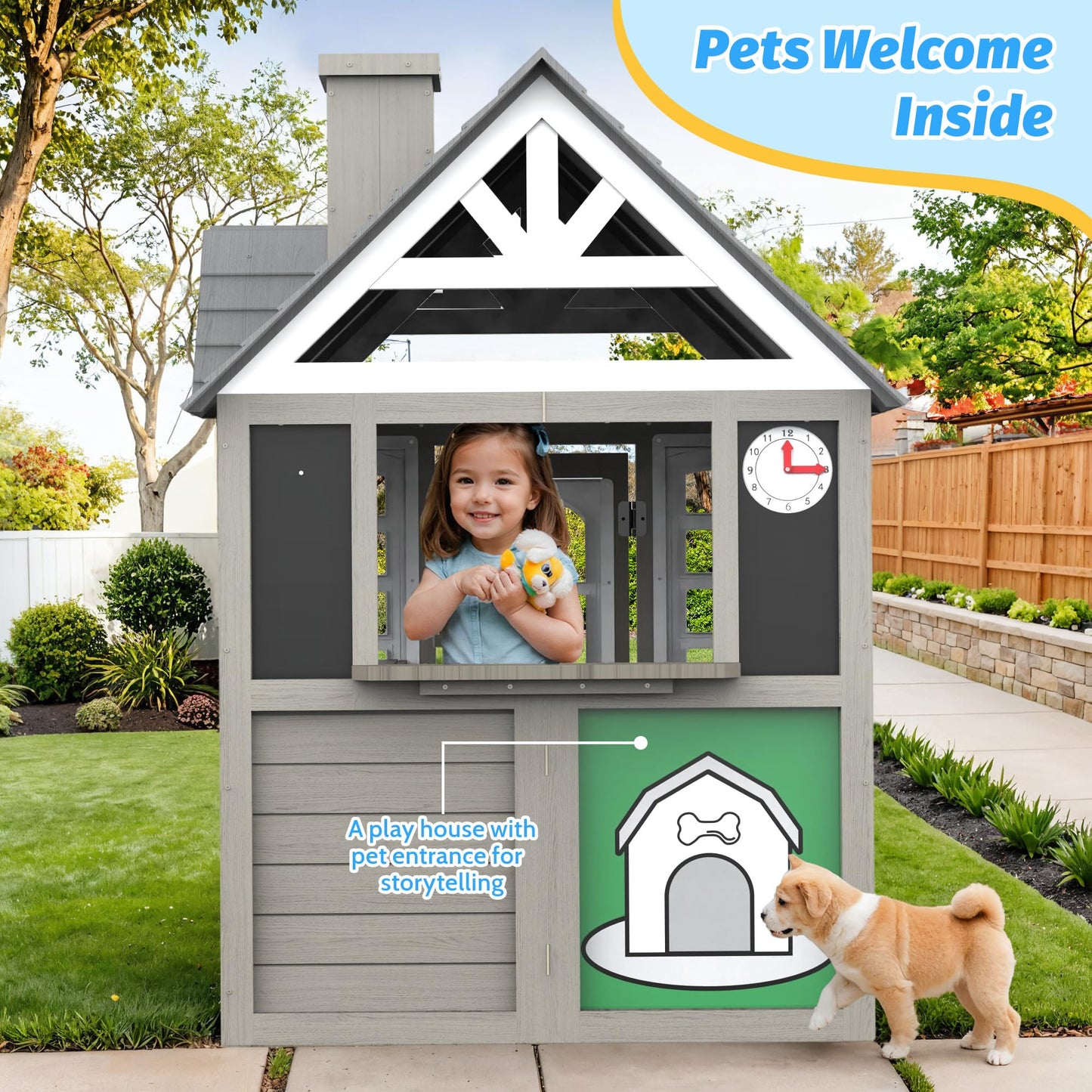 BTMWAY Kids Outdoor Playhouse,Cedar Gray Wooden Play House for Kids Ages 3-8, with Play Kitchen, Interactive Doorbell, Toy Phone, Sink, Flowerpot