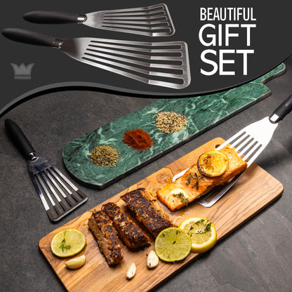 Professional Fish Spatula Stainless Steel Set - 1 Large + 1 Small stainless steel spatula - mirror polished spatulas with heat resistant ergonomic handles - fish turner for Flipping, Frying & Grilling