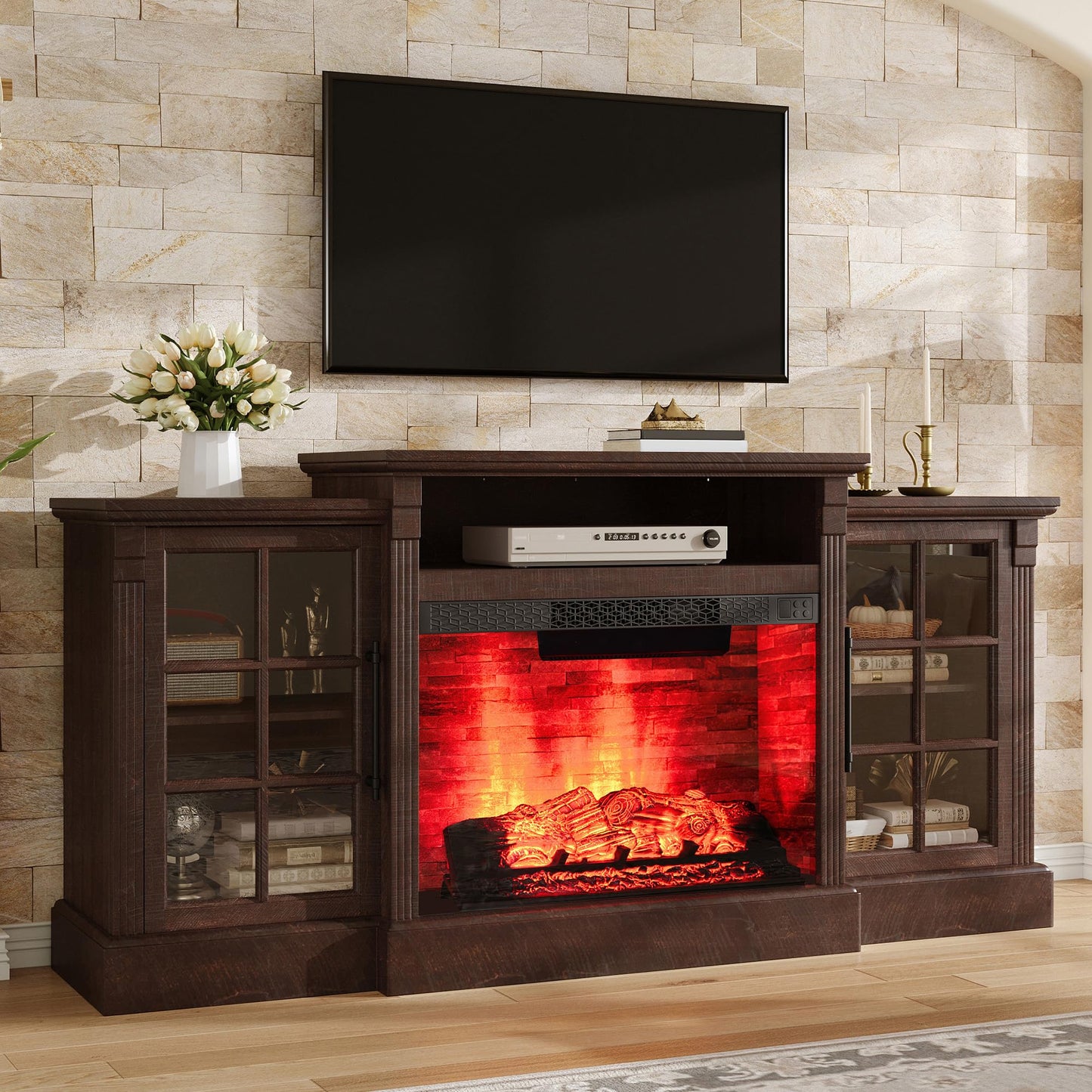 AMERLIFE 70" Farmhouse Fireplace TV Stand for TVs up to 80", Media Console with Storage Cabinets & Adjustable Shelves, Entertainment Center with 28" Electric Fireplace for Living Room, Rustic Brown