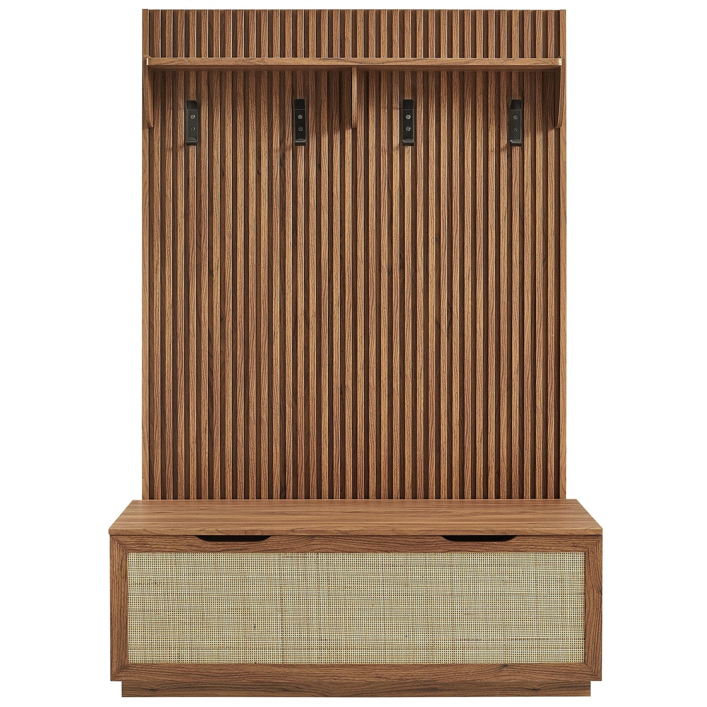 Modway Soma 3-in-1 Hall Tree in Walnut with Rattan Storage Bench and Fluted Coat Rack – 2-Piece Entryway Storage Set with Hooks, Shelf, and Bench