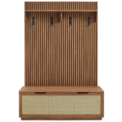 Modway Soma 3-in-1 Hall Tree in Walnut with Rattan Storage Bench and Fluted Coat Rack – 2-Piece Entryway Storage Set with Hooks, Shelf, and Bench