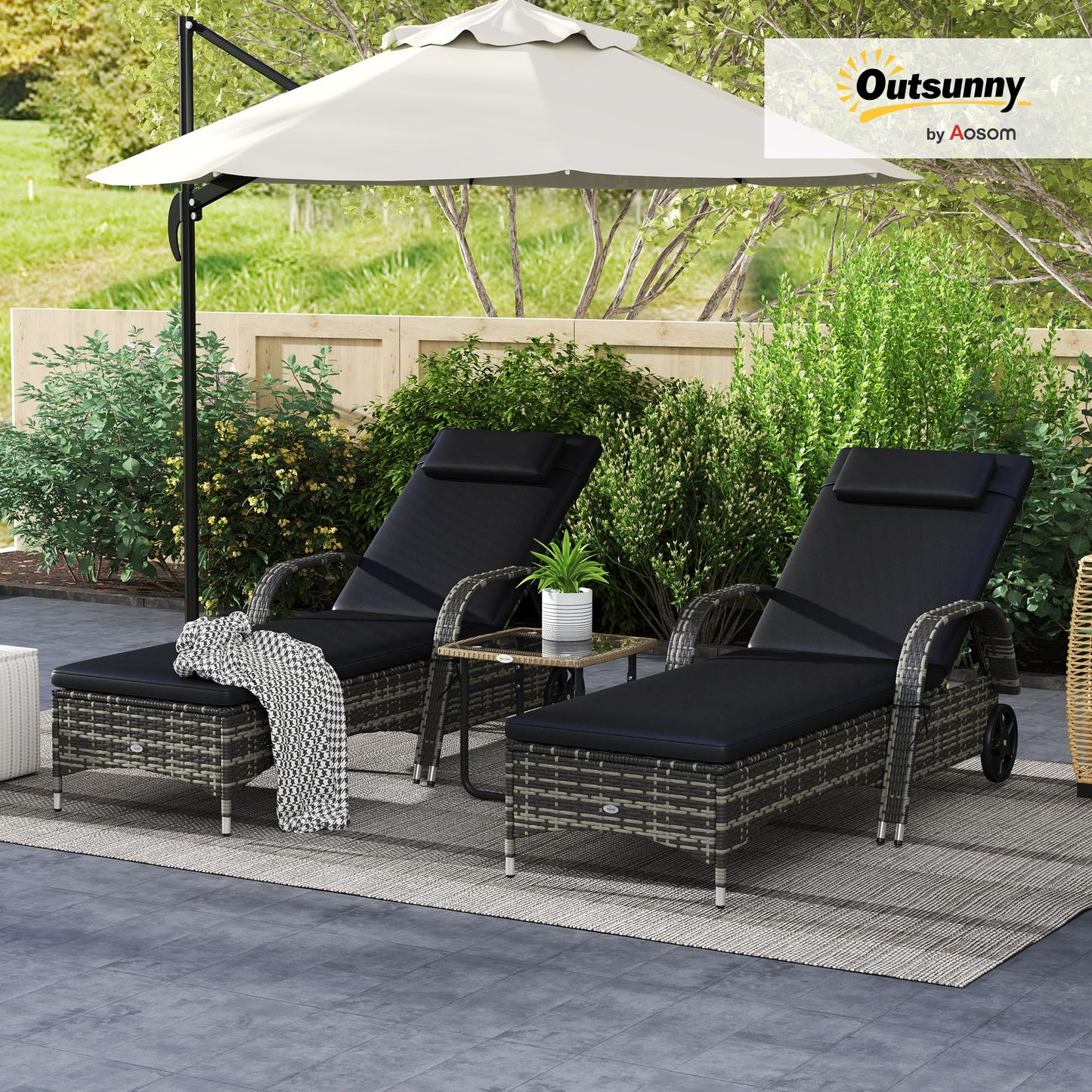 Outsunny Wicker Outdoor Chaise Lounge Set of 2, 5-Level Adjustable Backrest PE Rattan Pool Lounge Chair with Wheels, Cushion & Headrest, Mixed Gray and Charcoal Black