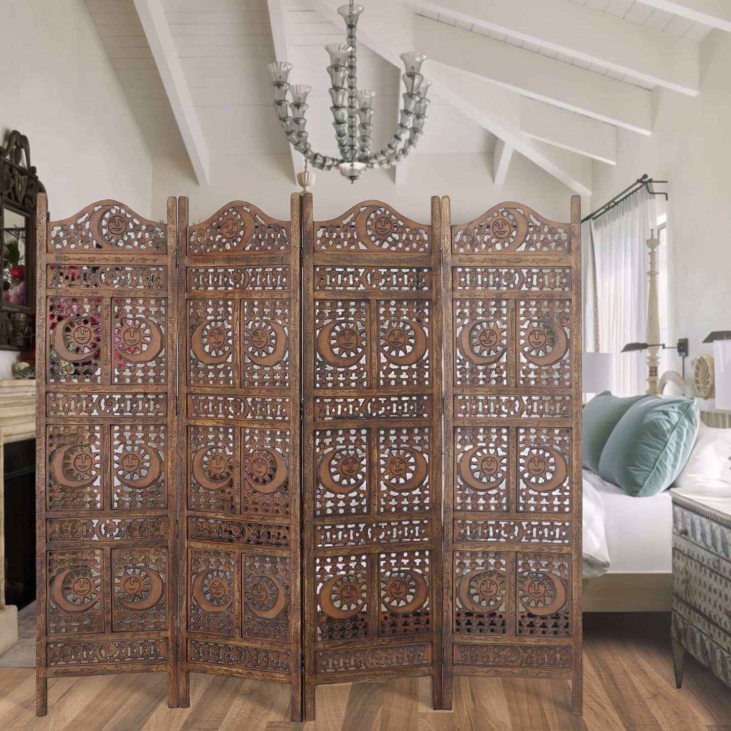 Hand Carved Sun and Moon Design Foldable 4 Panel Wooden Room Divider, Decorative Privacy Screen, Rustic Home Partition Decor