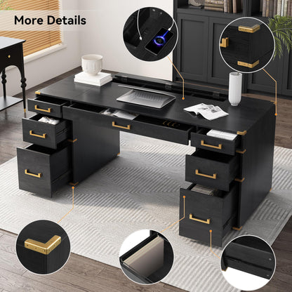 Merax 70" Traditional Executive Desk with Metal Edge Trim, Classic Writing Desk with 2 File Drawers, USB Ports and Outlets, Extra-Large Desk with Hidden Compartment for Home Office, Study Room