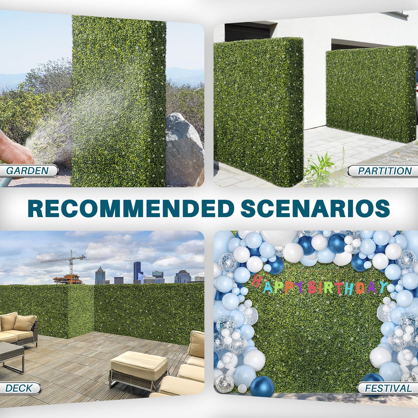 COARBOR 54" x 72" x 6" Artificial Boxwood Hedge Wall Milan with White Flowers Interior Divider Privacy Fence Faux Greenery Backdrop for Home Decor, Party Decor, Backyard Balcony Deck