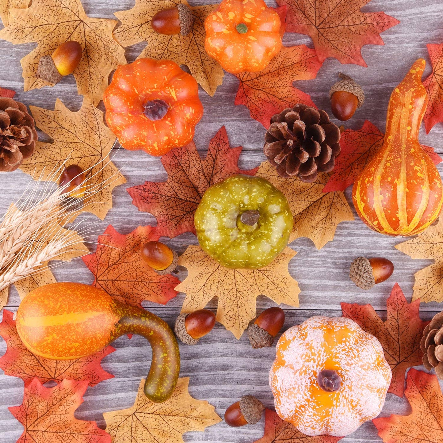 FEPITO 56 Pcs Fall Thanksgiving Decorations, Mini Artificial Pumpkins, Pine Cones, Fall Leaves, Acorns for Fall Party Decorations, Autumn Decorating Kit Halloween Thanksgiving Party Supplies