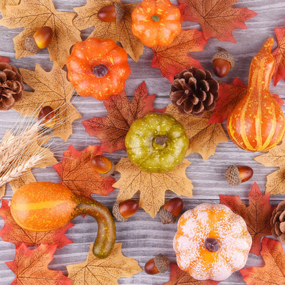 FEPITO 56 Pcs Fall Thanksgiving Decorations, Mini Artificial Pumpkins, Pine Cones, Fall Leaves, Acorns for Fall Party Decorations, Autumn Decorating Kit Halloween Thanksgiving Party Supplies