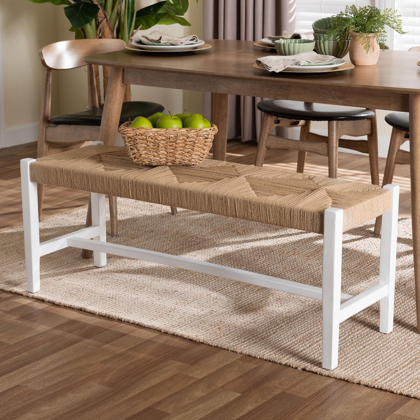 Bali & pari Prita Woven Paper Loom Bench with Mahogany Wood Frame - Handcrafted Accent Seating for Dining Room or Entryway, White