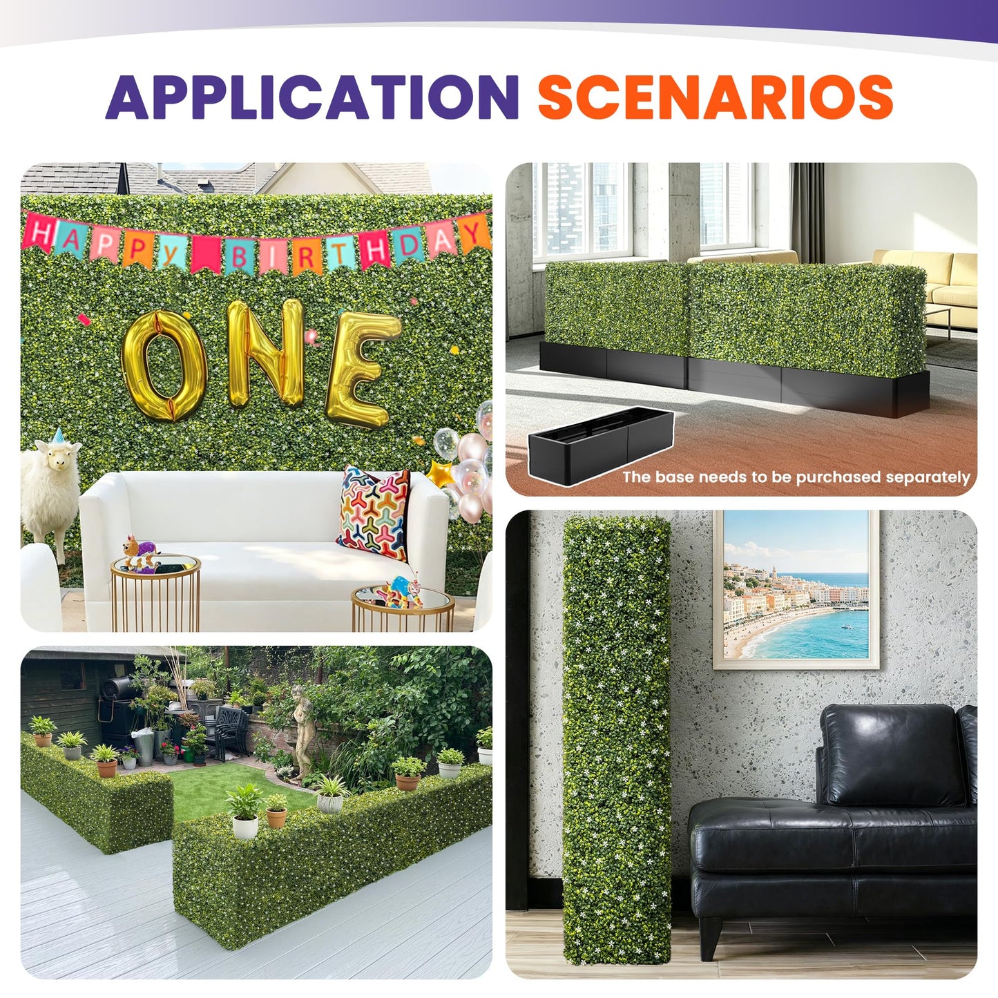 PATIOBREEZE 54" Wx54 Hx6 D Artificial Boxwood Hedge Wall with White Flowers, Greenery Privacy Screen Faux Grass Backdrop Room Divider for Indoor Outdoor Office Patio Garden Party Decoration