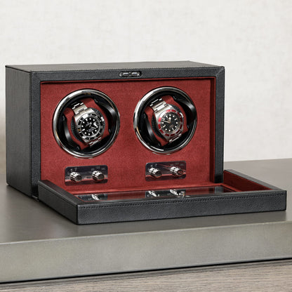 Gift Set 12 Slot Leather Watch Box with Valet Drawer & Matching Double Watch Winder - Luxury Case Display Organizer, Locking Mens Jewelry Watches Holder, Men's Storage Boxes Glass Top Black/Red