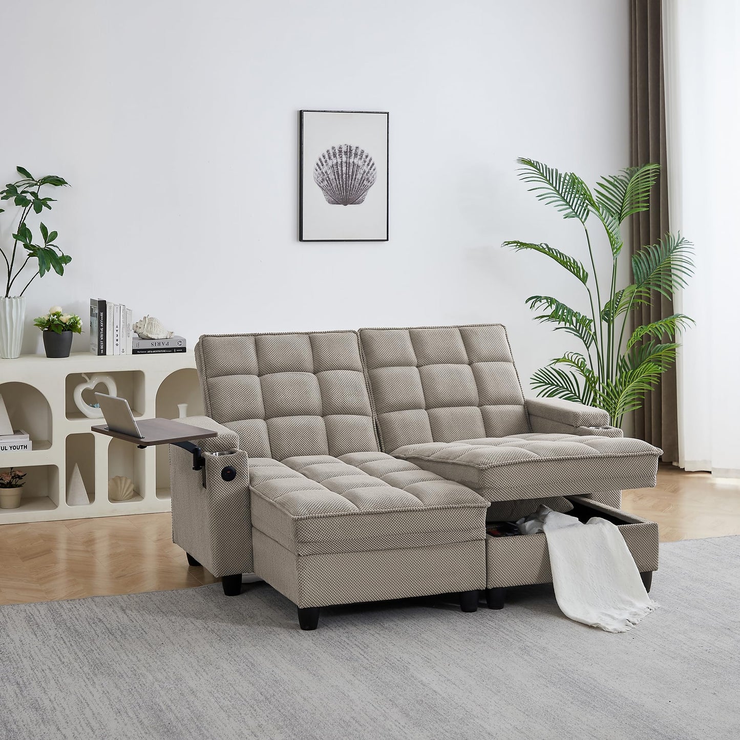 Eafurn Double Chaise Lounge Recliner with Storage, 71" Modern Sleeper Loveseat Sofa Couch with 6-Position Adjustable Split Backrest, Cup Holders and Swivel Tray Table for Living Room