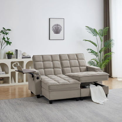 Eafurn Double Chaise Lounge Recliner with Storage, 71" Modern Sleeper Loveseat Sofa Couch with 6-Position Adjustable Split Backrest, Cup Holders and Swivel Tray Table for Living Room