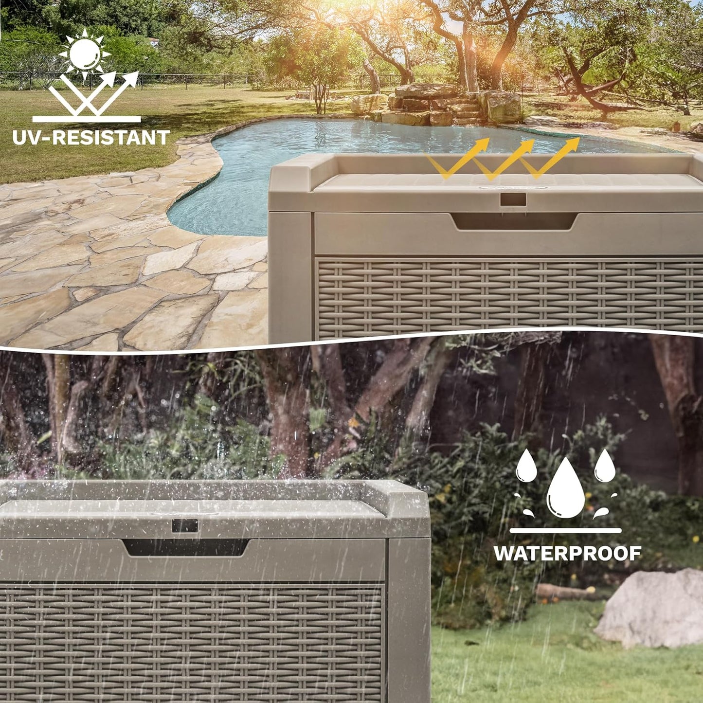 32 DWVO Gallon Indoor Outdoor Storage Box, Resin Rattan Small Deck Box for Patio Furniture, Cushions, Garden Tools